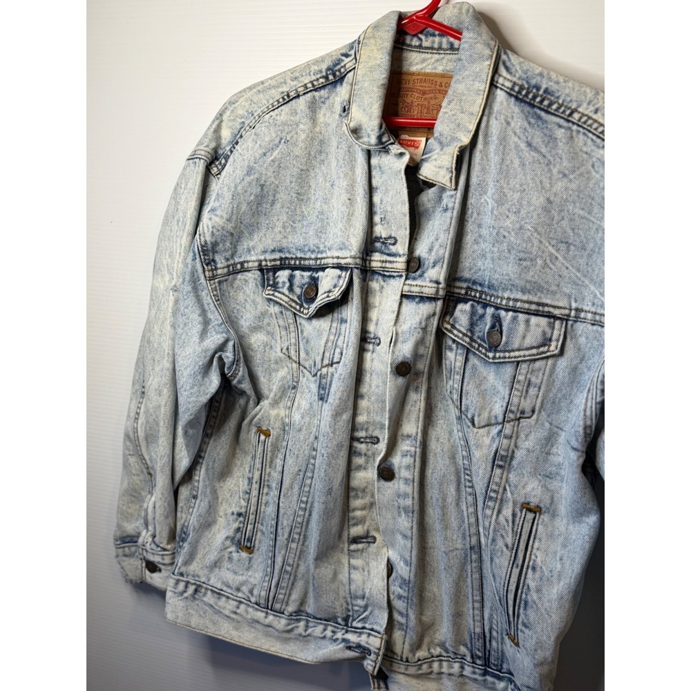 VTG LEVIS Acid Wash Denim Trucker Jacket USA Distressed Rips Women Medium Casual - Picture 7 of 16
